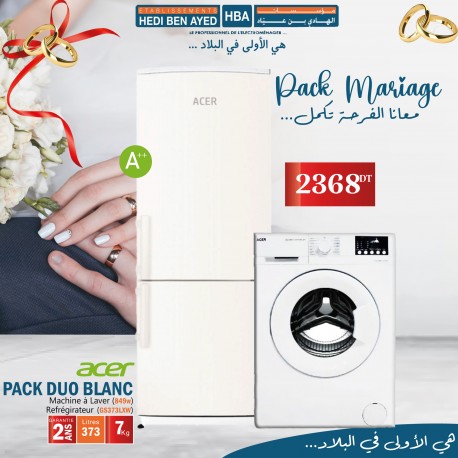 PACK DUO ACER BLANC ( REFRIGERATEUR ACER BLANC RS260LX+MACHINE A LAVER ACER 6KG 1044W)